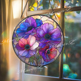 Anemone Flower Stained Glass Suncatcher, Round Blue Purple Floral Window Hanging, Vibrant Glass Art Decor, Handmade Gift for Home