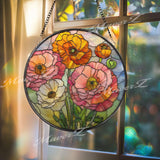 Poppy Flower Stained Glass Suncatcher, Round Orange Pink Floral Window Hanging, Vibrant Glass Art Decor, Handmade Gift for Home