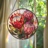 Protea Flower Stained Glass Suncatcher, Round Floral Window Hanging, Red Pink Bloom Art Decor, Vibrant Glass Gift for Home