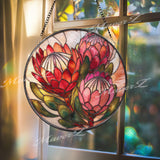 Protea Flower Stained Glass Suncatcher, Round Floral Window Hanging, Red Pink Bloom Art Decor, Vibrant Glass Gift for Home