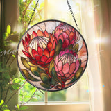 Protea Flower Stained Glass Suncatcher, Round Floral Window Hanging, Red Pink Bloom Art Decor, Vibrant Glass Gift for Home