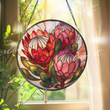 Protea Flower Stained Glass Suncatcher, Round Floral Window Hanging, Red Pink Bloom Art Decor, Vibrant Glass Gift for Home