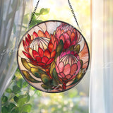 Protea Flower Stained Glass Suncatcher, Round Floral Window Hanging, Red Pink Bloom Art Decor, Vibrant Glass Gift for Home