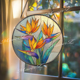 Bird of Paradise Stained Glass Suncatcher, Round Tropical Floral Window Hanging, Vibrant Orange Blue Art Decor, Handmade Gift