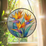 Bird of Paradise Stained Glass Suncatcher, Round Tropical Floral Window Hanging, Vibrant Orange Blue Art Decor, Handmade Gift