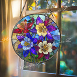 Columbine Flower Stained Glass Suncatcher, Round Blue Red Floral Window Hanging, Vibrant Wildflower Art Decor, Handmade Gift