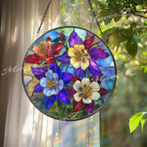 Columbine Flower Stained Glass Suncatcher, Round Blue Red Floral Window Hanging, Vibrant Wildflower Art Decor, Handmade Gift