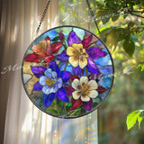Columbine Flower Stained Glass Suncatcher, Round Blue Red Floral Window Hanging, Vibrant Wildflower Art Decor, Handmade Gift