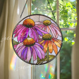 Coneflower Stained Glass Suncatcher, Round Pink Orange Floral Window Hanging, Vibrant Garden Art Decor, Handmade Glass Gift