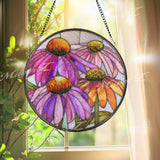 Coneflower Stained Glass Suncatcher, Round Pink Orange Floral Window Hanging, Vibrant Garden Art Decor, Handmade Glass Gift