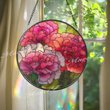 Carnation Stained Glass Suncatcher, Round Pink Red Floral Window Hanging, Vibrant Bloom Art Decor, Handmade Glass Gift for Home