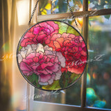 Carnation Stained Glass Suncatcher, Round Pink Red Floral Window Hanging, Vibrant Bloom Art Decor, Handmade Glass Gift for Home