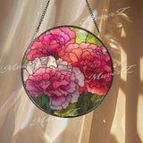 Carnation Stained Glass Suncatcher, Round Pink Red Floral Window Hanging, Vibrant Bloom Art Decor, Handmade Glass Gift for Home