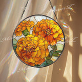Marigold Stained Glass Suncatcher, Round Yellow Orange Floral Window Hanging, Bright Bloom Art Decor, Handmade Glass Gift