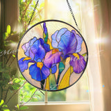 Iris Flower Stained Glass Suncatcher, Round Blue Purple Floral Window Hanging, Elegant Glass Art Decor, Handmade Gift for Home