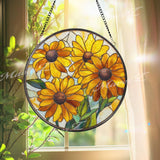 Sunflower Stained Glass Suncatcher, Round Yellow Floral Window Hanging, Bright Glass Art Decor, Handmade Gift for Home