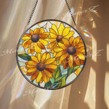Sunflower Stained Glass Suncatcher, Round Yellow Floral Window Hanging, Bright Glass Art Decor, Handmade Gift for Home