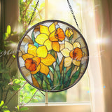 Daffodil Stained Glass Suncatcher, Round Yellow Floral Window Hanging, Spring Bloom Art Decor, Bright Handmade Glass Gift