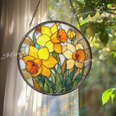 Daffodil Stained Glass Suncatcher, Round Yellow Floral Window Hanging, Spring Bloom Art Decor, Bright Handmade Glass Gift