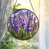 Lavender Stained Glass Suncatcher, Round Purple Floral Window Hanging, Blooming Field Art Decor, Handmade Glass Gift for Home