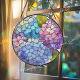 Hydrangea Stained Glass Suncatcher, Round Blue Purple Floral Window Hanging, Pastel Bloom Art Decor, Handmade Glass Gift