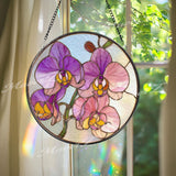 Orchid Flower Stained Glass Suncatcher, Round Pink Purple Floral Window Hanging, Elegant Glass Art Decor, Handmade Gift for Home