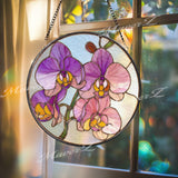 Orchid Flower Stained Glass Suncatcher, Round Pink Purple Floral Window Hanging, Elegant Glass Art Decor, Handmade Gift for Home