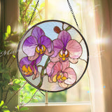 Orchid Flower Stained Glass Suncatcher, Round Pink Purple Floral Window Hanging, Elegant Glass Art Decor, Handmade Gift for Home