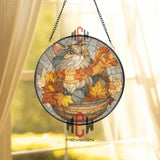 Autumn Cat Stained Glass Suncatcher, Round Fall Leaves Window Panel with Cozy Scarfed Kitty, Seasonal Feline Home Decor Gift