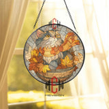 Autumn Cat Stained Glass Suncatcher, Round Fall Leaves Window Panel with Cozy Scarfed Kitty, Seasonal Feline Home Decor Gift