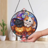 Halloween Cats Stained Glass Suncatcher, Round Pumpkin Window Panel with Witch Hat Kitty and Moon, Spooky Fall Home Decor Gift