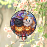 Halloween Cats Stained Glass Suncatcher, Round Pumpkin Window Panel with Witch Hat Kitty and Moon, Spooky Fall Home Decor Gift