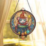 Wizard Mouse Stained Glass Suncatcher, Round Magical Potion Cauldron Window Panel with Starry Hat, Fantasy Halloween Home Decor Gift