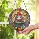 Wizard Mouse Stained Glass Suncatcher, Round Magical Potion Cauldron Window Panel with Starry Hat, Fantasy Halloween Home Decor Gift