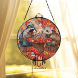 Raccoons Tea Party Stained Glass Suncatcher, Round Autumn Leaves Window Panel with Woodland Animals and Mushrooms, Cozy Fall Home Decor