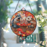 Raccoons Tea Party Stained Glass Suncatcher, Round Autumn Leaves Window Panel with Woodland Animals and Mushrooms, Cozy Fall Home Decor