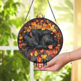 Black Cat Stained Glass Suncatcher, Round Autumn Leaves Window Panel with Sleeping Kitty, Cozy Fall Feline Home Decor Gift