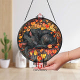 Black Cat Stained Glass Suncatcher, Round Autumn Leaves Window Panel with Sleeping Kitty, Cozy Fall Feline Home Decor Gift