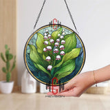 Lily of the Valley Stained Glass Suncatcher, Round White Bell Flowers Window Panel with Green Leaves, Nature Floral Home Decor Gift