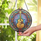Guitar Stained Glass Suncatcher, Round Musical Instrument Window Panel with Colorful Floral Border, Music Lover Home Decor Gift