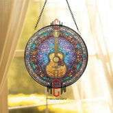 Guitar Stained Glass Suncatcher, Round Musical Instrument Window Panel with Colorful Floral Border, Music Lover Home Decor Gift