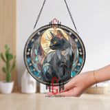 Black Cat Stained Glass Suncatcher, Round Moon and Stars Window Panel with Cosmic Night Sky, Mystical Feline Home Decor Gift