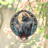 Black Cat Stained Glass Suncatcher, Round Moon and Stars Window Panel with Cosmic Night Sky, Mystical Feline Home Decor Gift