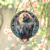 Black Cat Stained Glass Suncatcher, Round Moon and Stars Window Panel with Cosmic Night Sky, Mystical Feline Home Decor Gift