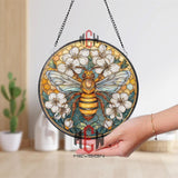Bee Stained Glass Suncatcher, Round Honeycomb and White Blossoms Window Panel, Nature Insect Art, Pollinator Garden Home Decor Gift
