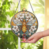 Bee Stained Glass Suncatcher, Round Honeycomb and White Blossoms Window Panel, Nature Insect Art, Pollinator Garden Home Decor Gift