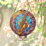 Saxophone Stained Glass Suncatcher, Round Musical Instrument Window Panel with Colorful Abstract Background, Jazz Music Home Decor Gift