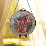 Pirate Octopus Stained Glass Suncatcher, Round Nautical Window Panel with Parrot and Treasure Chest, Ocean Fantasy Home Decor Gift