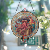 Pirate Octopus Stained Glass Suncatcher, Round Nautical Window Panel with Parrot and Treasure Chest, Ocean Fantasy Home Decor Gift