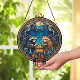 Raccoons Stained Glass Suncatcher, Round Magical Cauldron Window Panel with Books and Potions, Fantasy Woodland Home Decor Gift